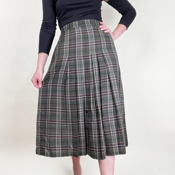 Vintage High Rise Pleated Plaid Midi Skirt Preppy Light Dark Academia Kilt Check - Picture 3 of 9